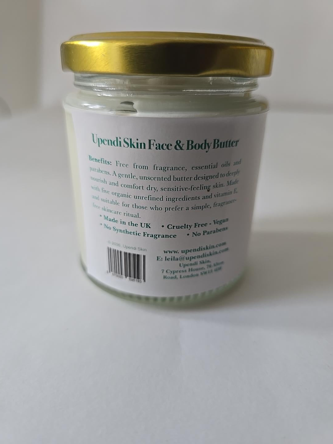 Upendi Skin Fragrance-Free Face and Body Butter, back label with benefits and contact details