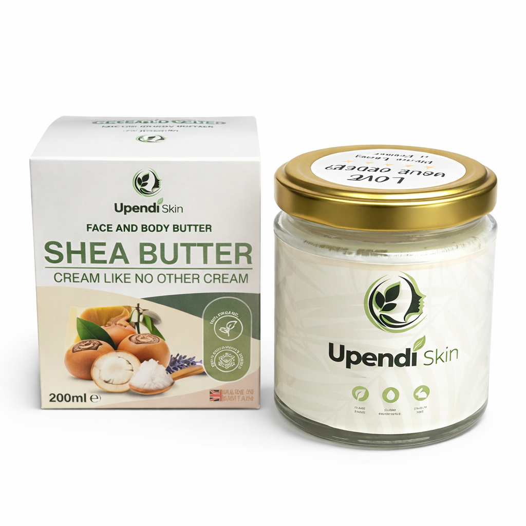 Upendi Skin Face and Body Butter 200ml jar shown with its Shea Butter gift carton, which ships with every jar