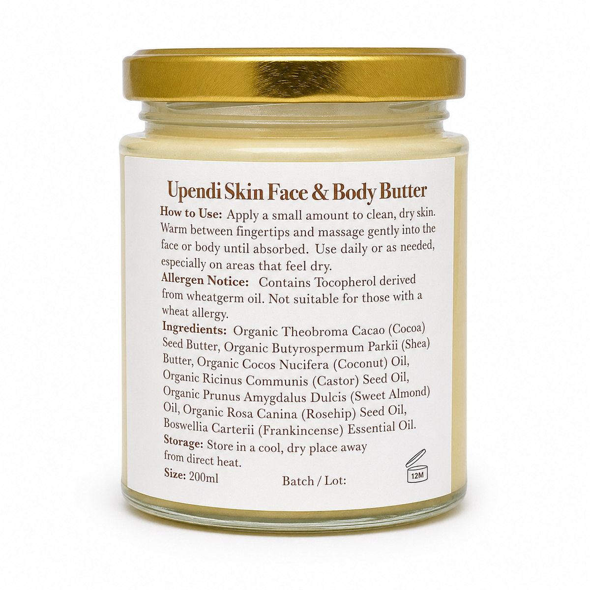 Upendi Skin Frankincense & Rosehip Face and Body Butter, back label with ingredients, allergen notice, how to use and storage