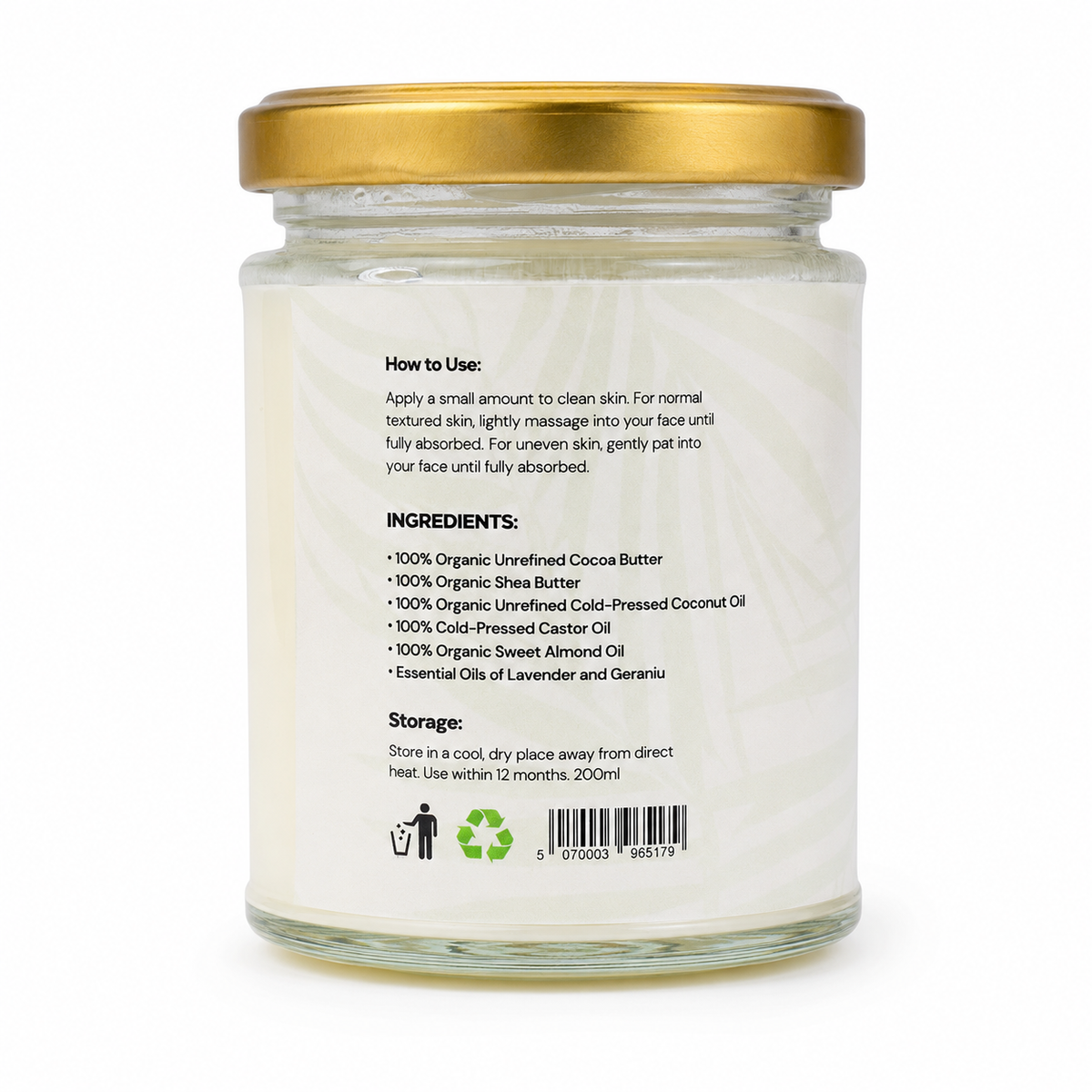 Upendi Skin Face and Body Butter, original Lavender & Geranium, back label with how to use, ingredients and storage