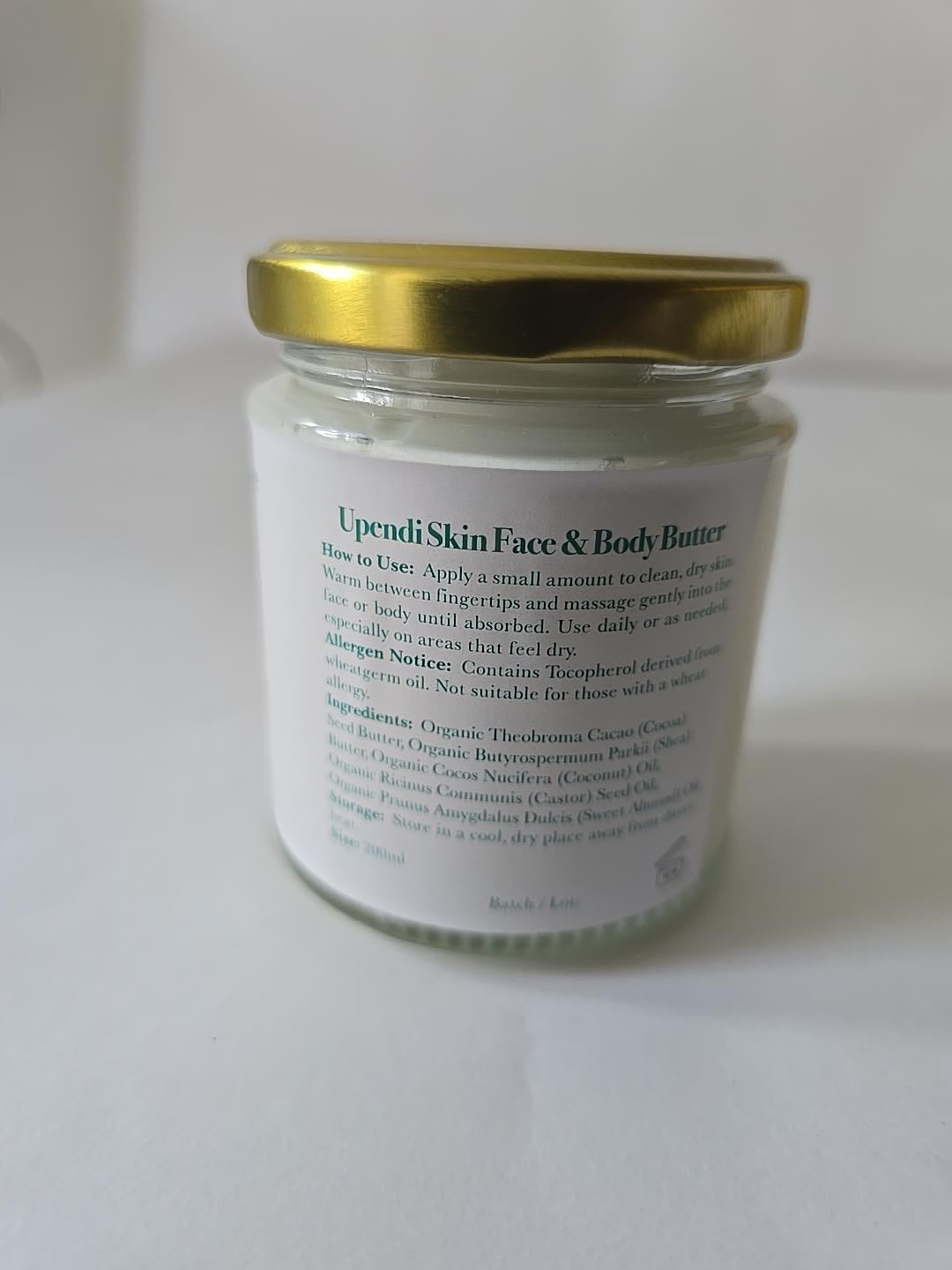 Upendi Skin Fragrance-Free Face and Body Butter, back label with how to use, allergen notice, ingredients and storage