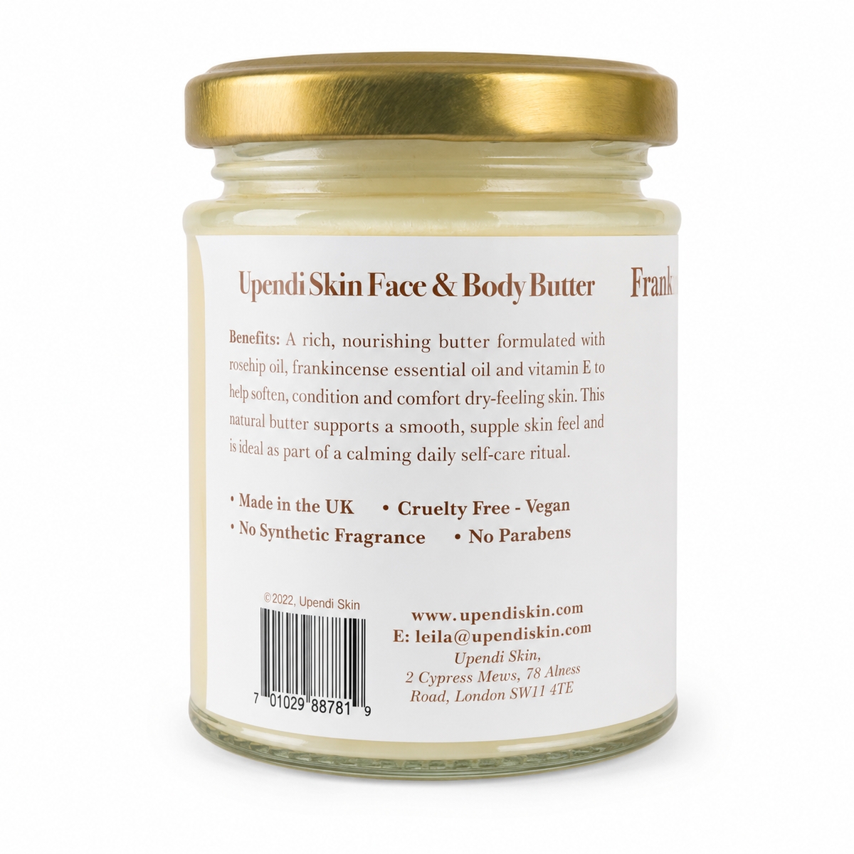 Upendi Skin Frankincense & Rosehip Face and Body Butter, back label with benefits and contact details
